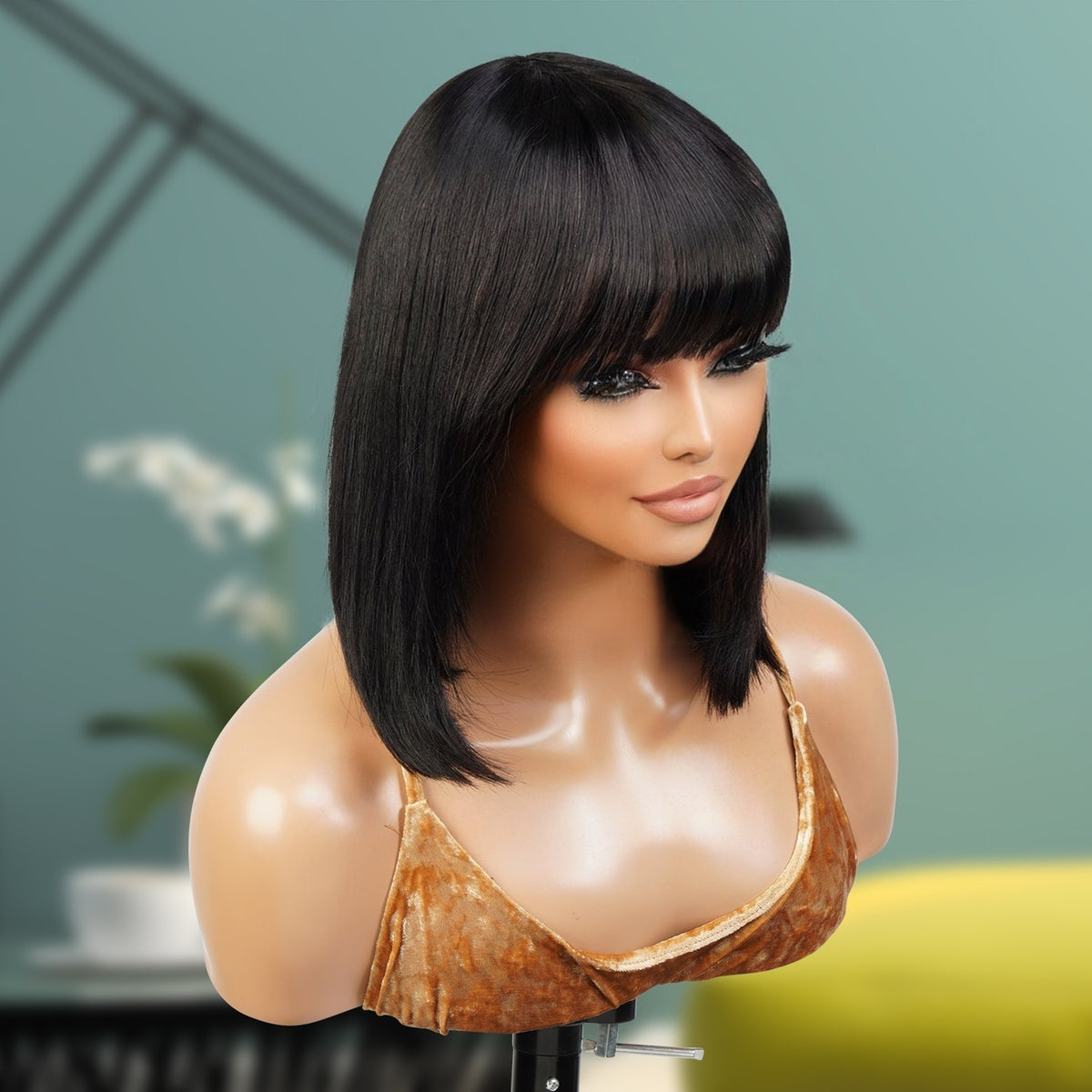 UpScale 100% Human Hair Short Bob Wigs with Bang 12"