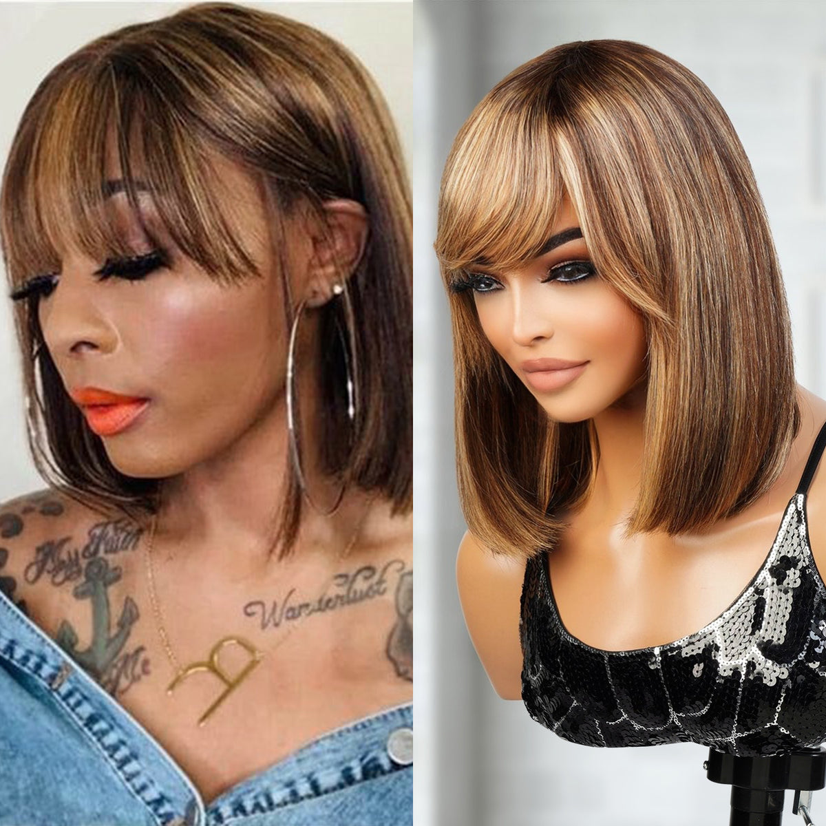 UpScale 100% Human Hair Honey Blonde Highlight Short Bob Wigs with Bang 12"