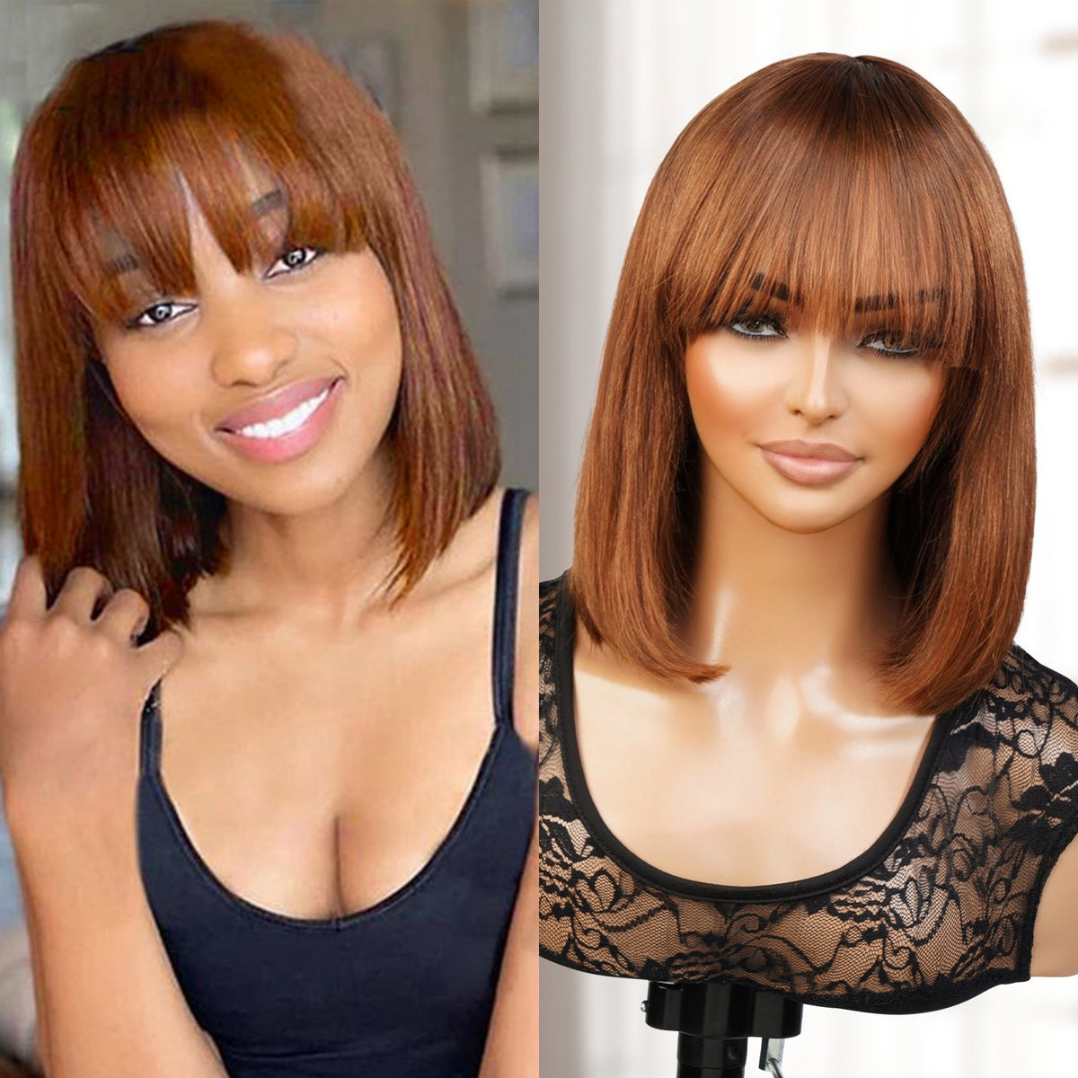 UpScale 100% Human Hair Medium Brown Short Bob Wigs with Bang 12"