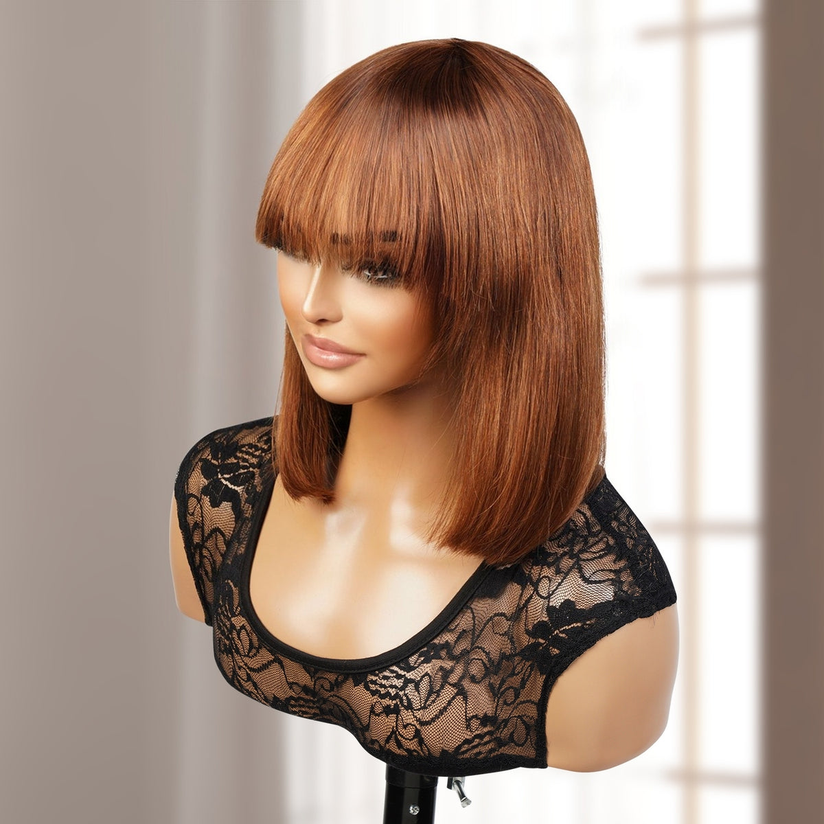 UpScale 100% Human Hair Medium Brown Short Bob Wigs with Bang 12"