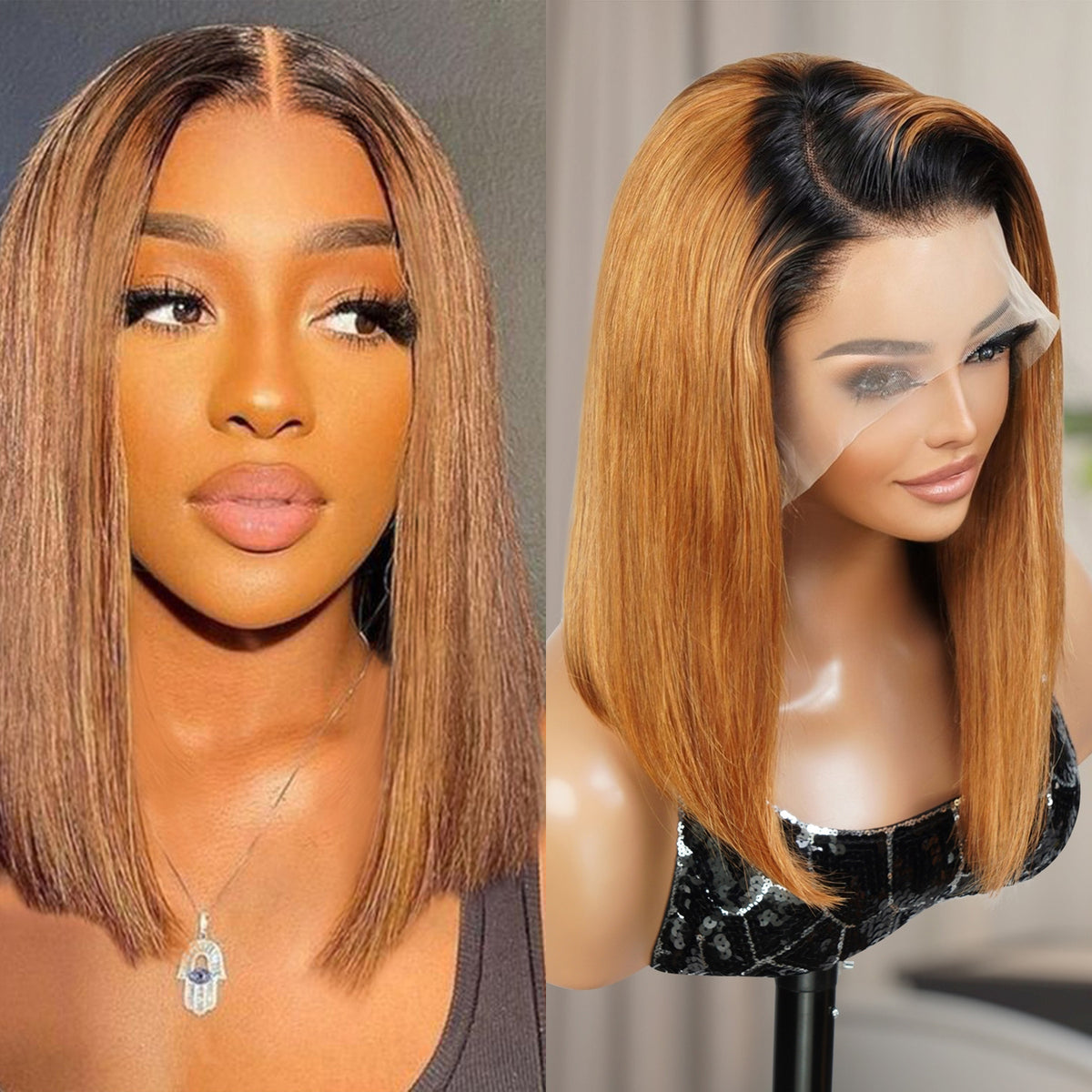 UpScale 100% Human Hair Glueless Pre Plucked 13x4 Lace Frontal Wig Ombre Honey Blonde Bob 14"