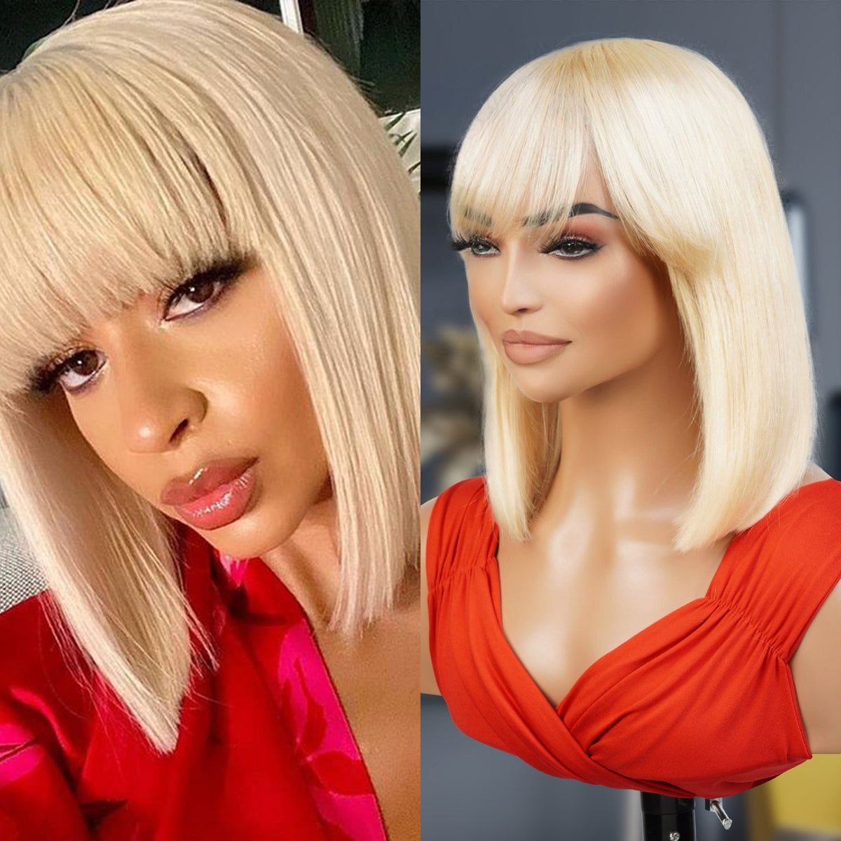 UpScale 100% Human Hair 613 Blonde Short Bob Wigs with Bang 12"