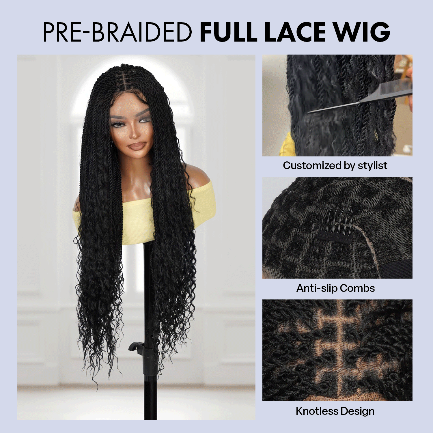 Authentic Glueless Full Lace Braided Wig Small Knotless Boho Island Twist Deep Bulk 1B 32" BW Unit16