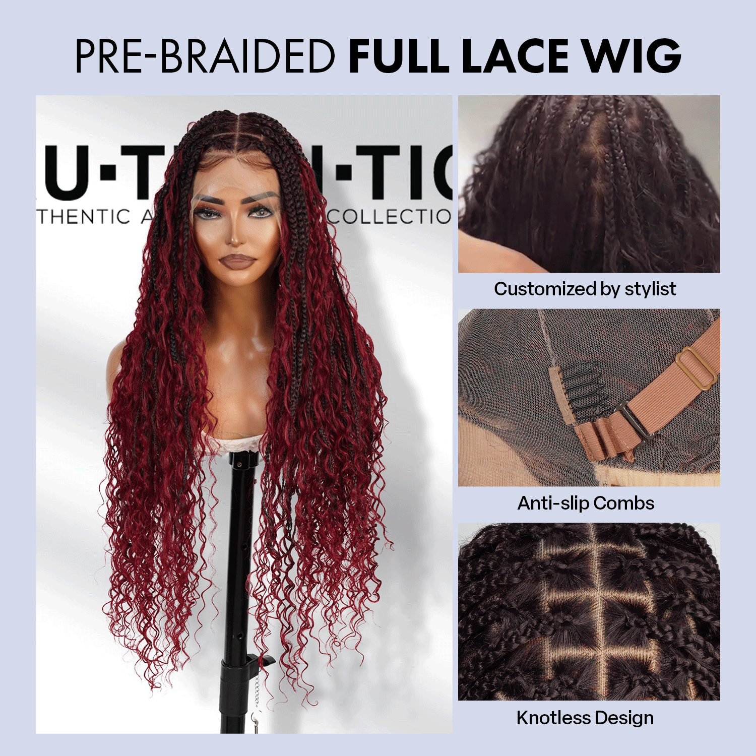 Authentic Glueless Full Lace Braided Wig Medium Knotless Boho Box Braid Deep Twist 1B/BUG 32" BW Unit3