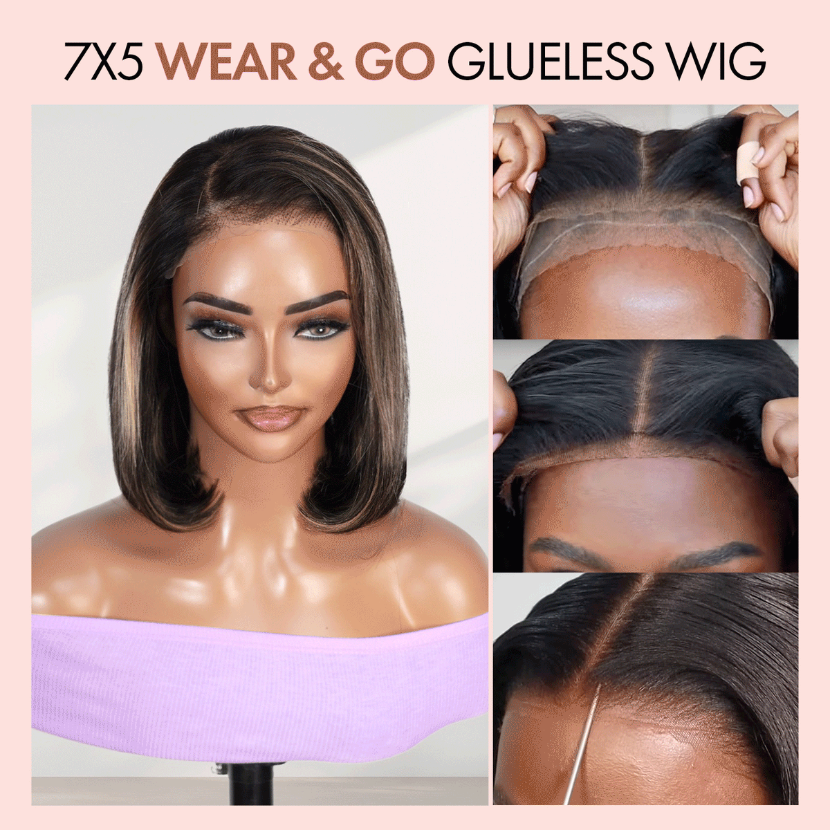 100% Human Hair Wear and Go Pre Cut Pre Plucked Glueless 7x5 Closure Wig Straight Bob Balayage Highlight 12"