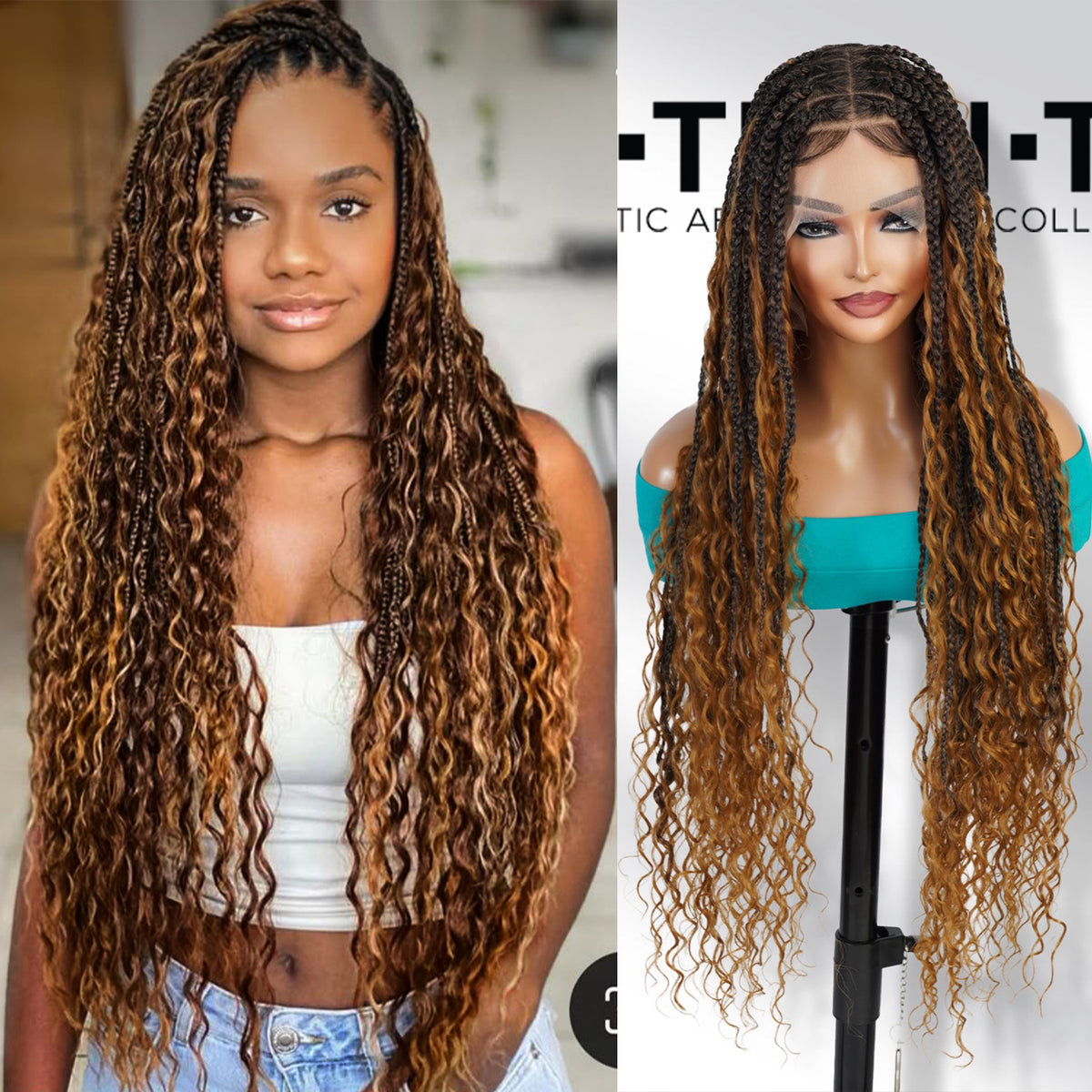 Authentic Glueless Full Lace Braided Wig Medium Knotless Boho Box Braid Deep Twist 1B/27 32" BW Unit3