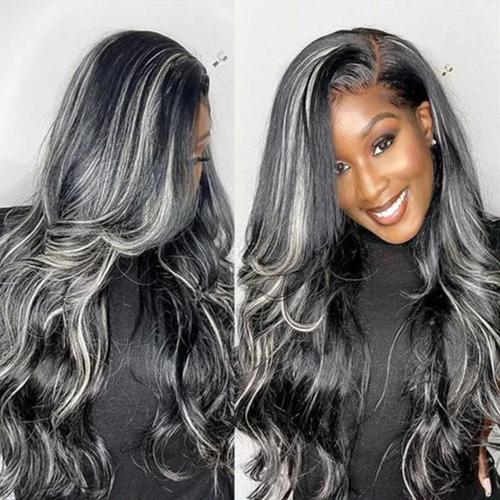 UpScale 100% Human Hair Glueless Pre Plucked 13x4 Lace Frontal Wig Silver Gray Highlight Body Wave 24"