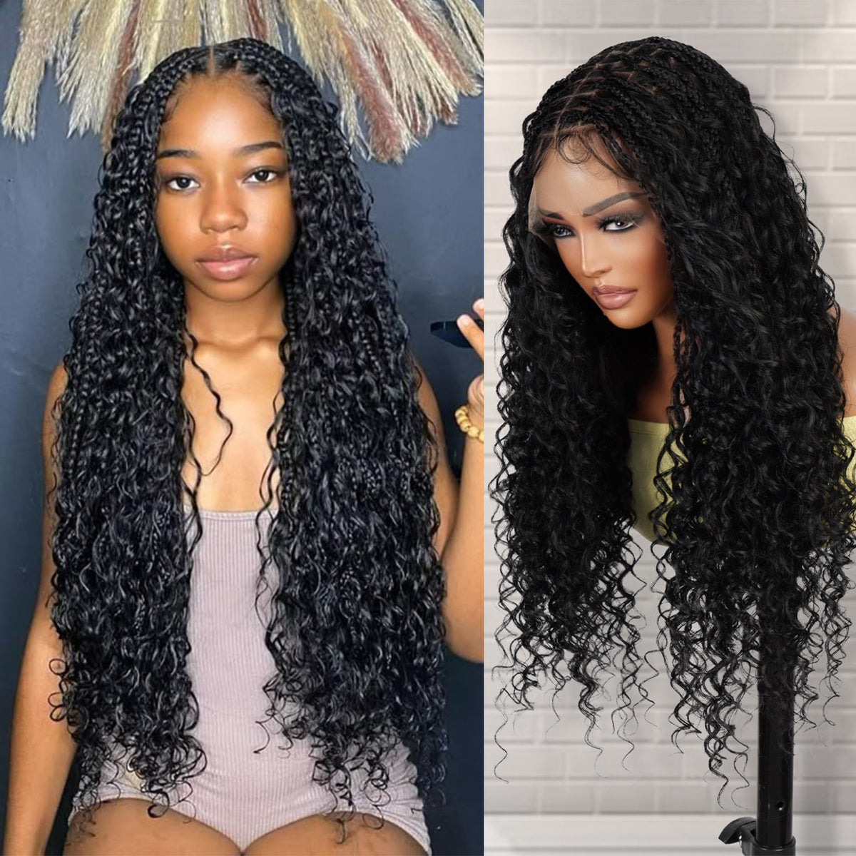 Authentic Glueless Full Lace Braided Wig Small Knotless Boho Box Braid Loose Curl 1B 24" BW Unit4