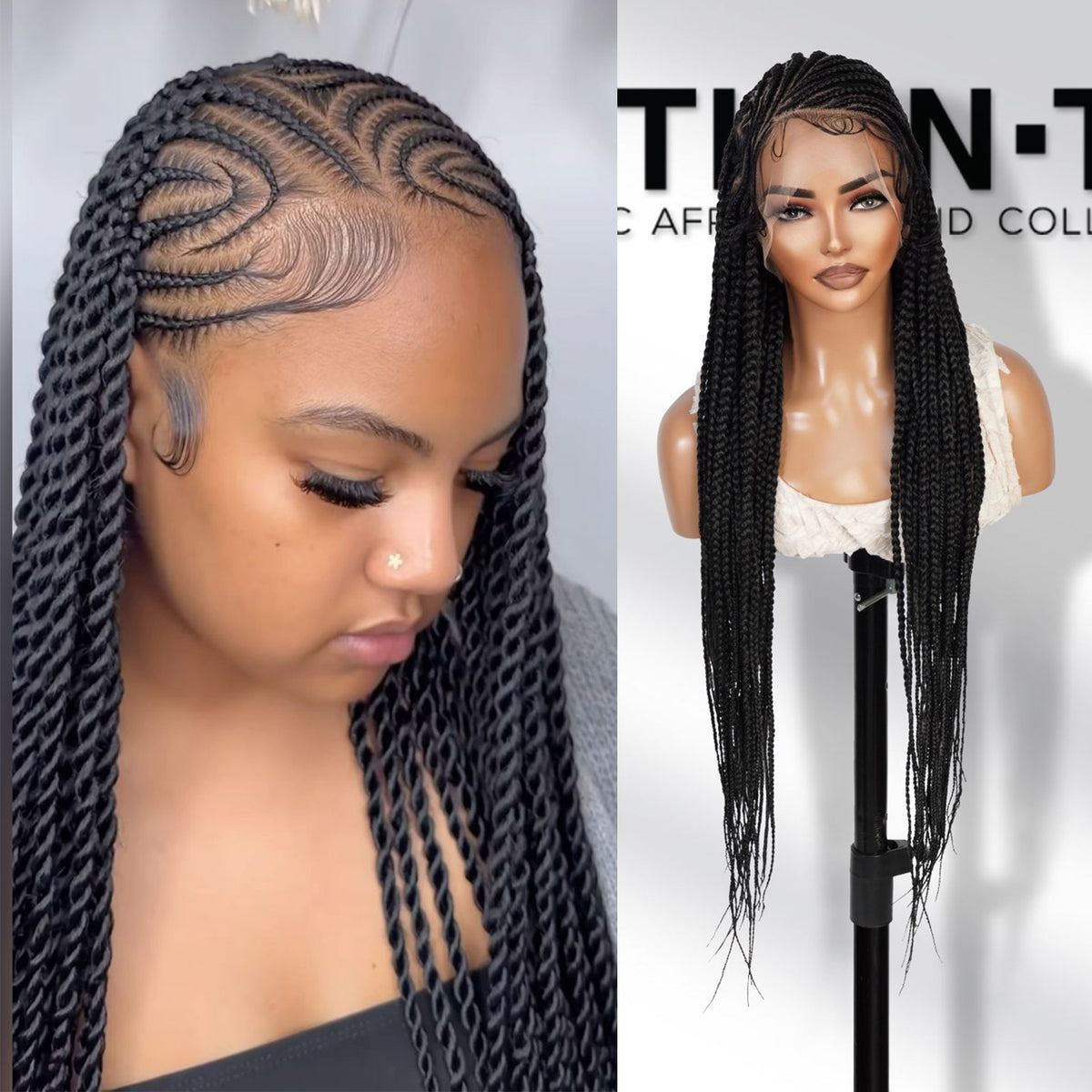 Authentic Glueless Full Lace Braided Wig Large Side Part Feed-In Braids Heart Design 1B 36" BW Unit12