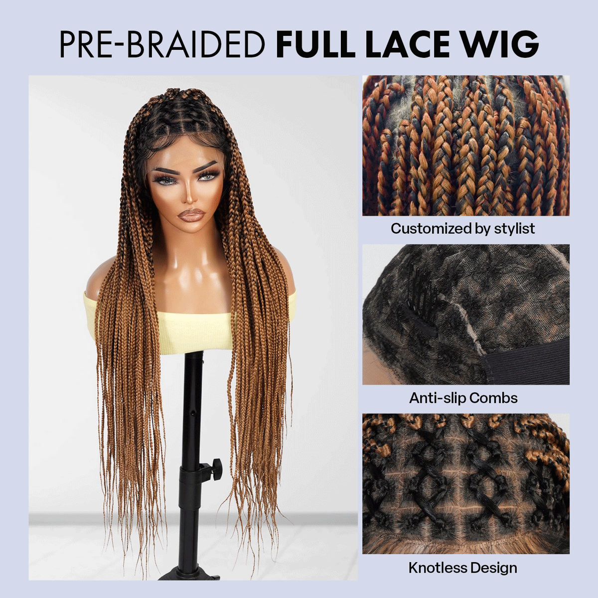 Authentic Glueless Full Lace Braided Wig Large Crisscross Frontal Knotless Box Braid 1B/27 36" BW Unit1