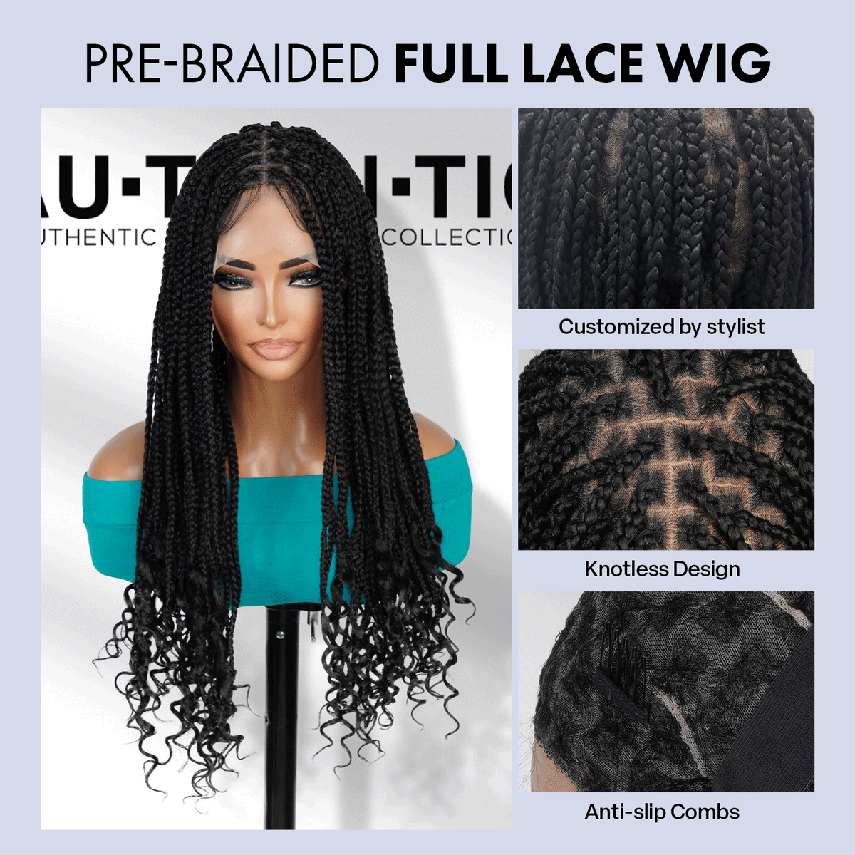 Authentic Glueless Full Lace Braided Wig Medium Knotless Goddess Box Braids Loose Curly Tips 1B 24" BW Unit7