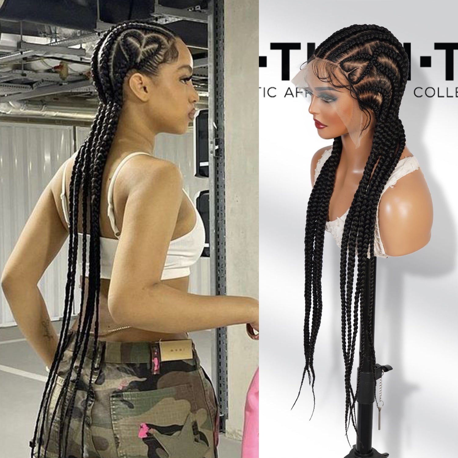 Authentic Glueless Full Lace Braided Wig Jumbo Straight Back Feed-In Braids Crisscross Heart Design 1B 36" BW Unit6