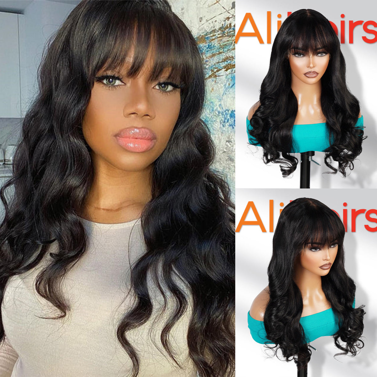 100% Human Hair Wear and Go Pre Cut Pre Plucked Glueless 13x5 Lace Front Wig Body Wave with Bang Natural 24"