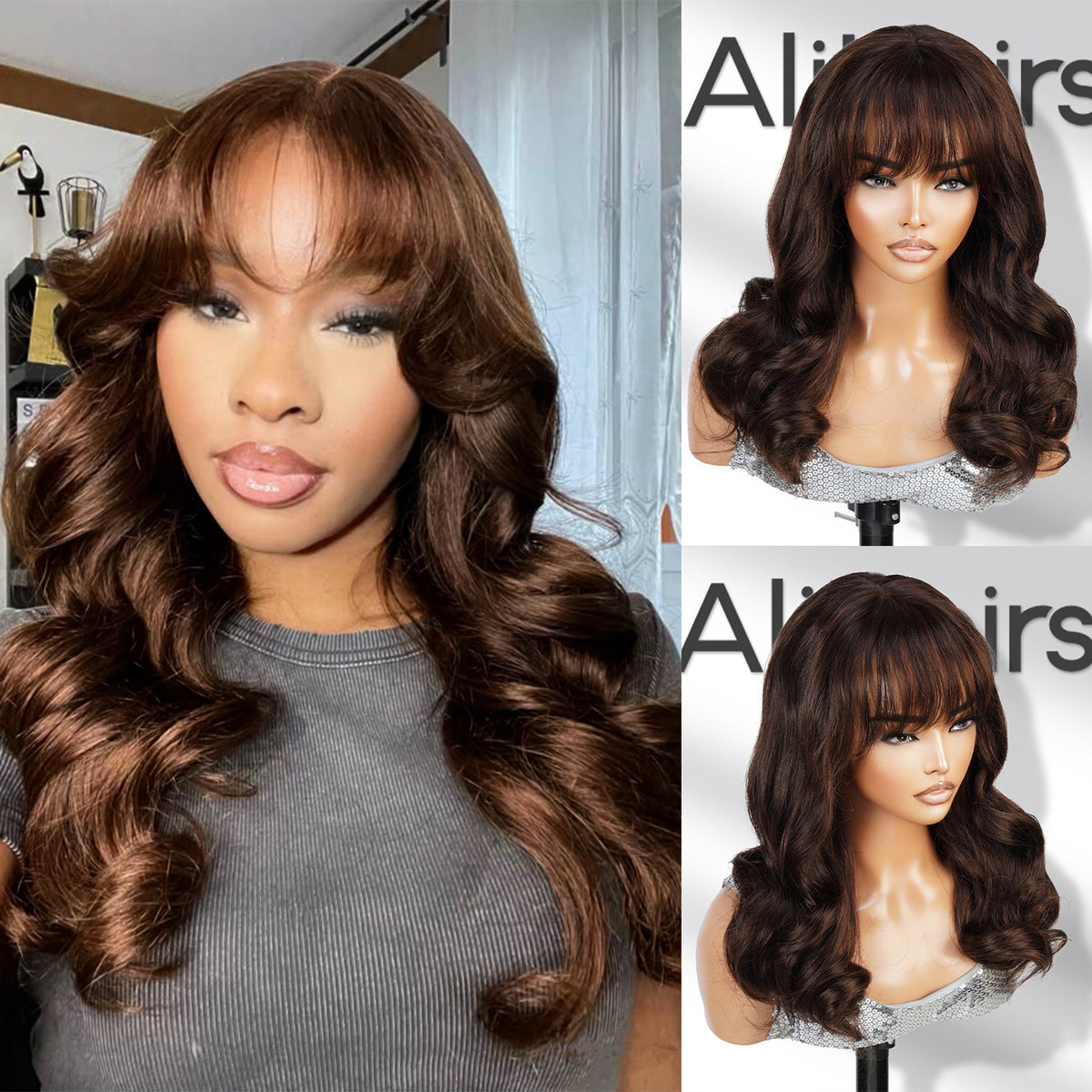100% Human Hair Wear and Go Pre Cut Pre Plucked Glueless 13x5 Lace Front Wig Body Wave with Bang #2 22"