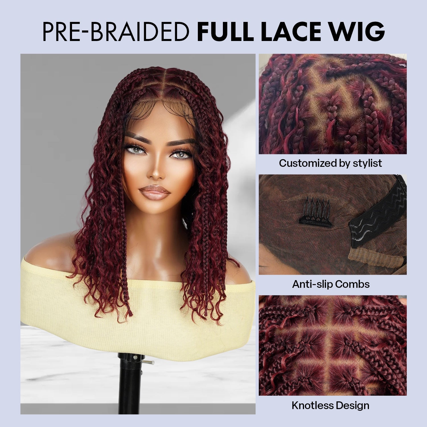 Authentic Glueless Full Lace Braided Wig Medium Knotless Boho Box Braid Deep Bulk Bob 1B/BUG 12" BW Unit5