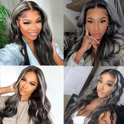 UpScale 100% Human Hair Glueless Pre Plucked 13x4 Lace Frontal Wig Silver Gray Highlight Body Wave 24"