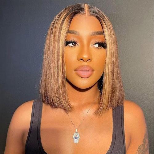 UpScale 100% Human Hair Glueless Pre Plucked 13x4 Lace Frontal Wig Ombre Honey Blonde Bob 14"