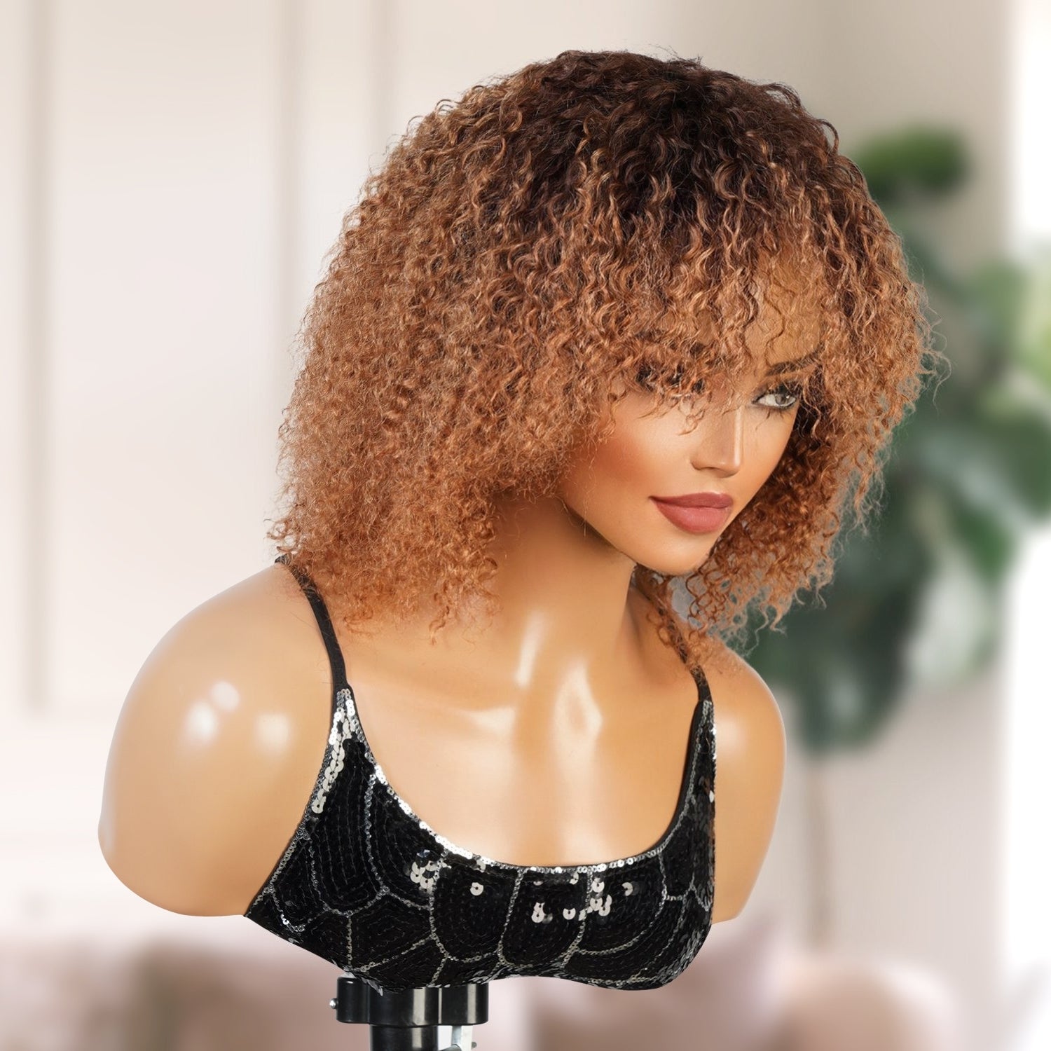 UpScale 100% Human Hair Bohemian Curls Wigs with Bang T4/30 Bob 10"