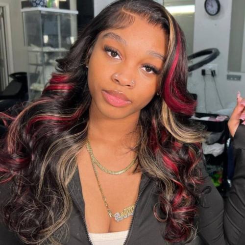 UpScale 100% Human Hair Glueless Pre Plucked 13x6 Lace Frontal Wig Red Blonde Highlight Body Wave 24"