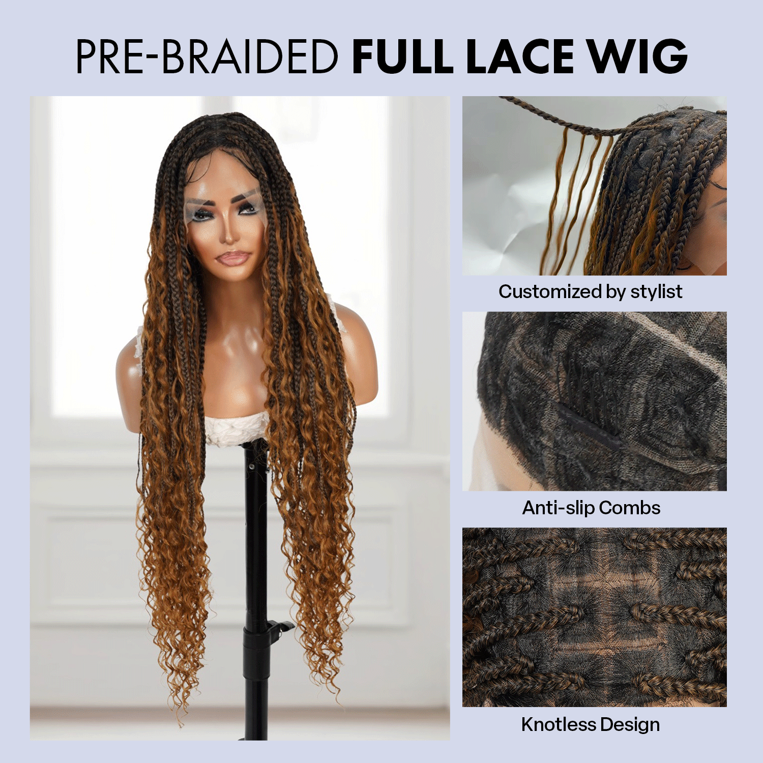 Authentic Glueless Full Lace Braided Wig Medium Knotless Boho Box Braid Deep Bulk 1B/27 36" BW Unit11