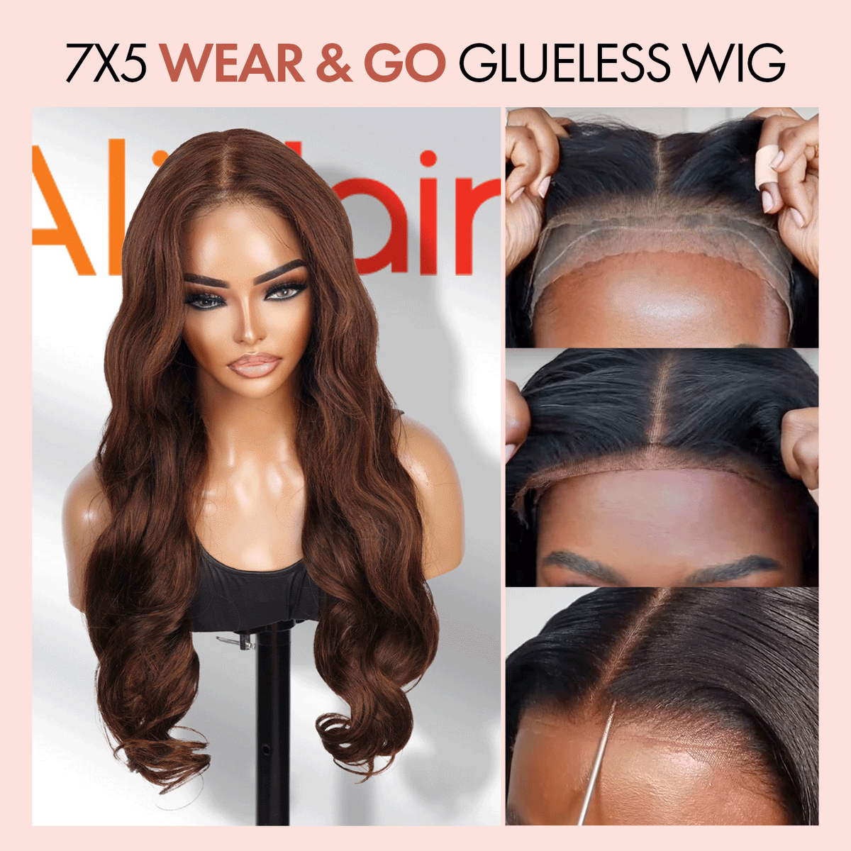 100% Human Hair Wear and Go Pre Cut Pre Plucked Glueless 7x5 Closure Wig Body Wave Chocolate Brown 24"