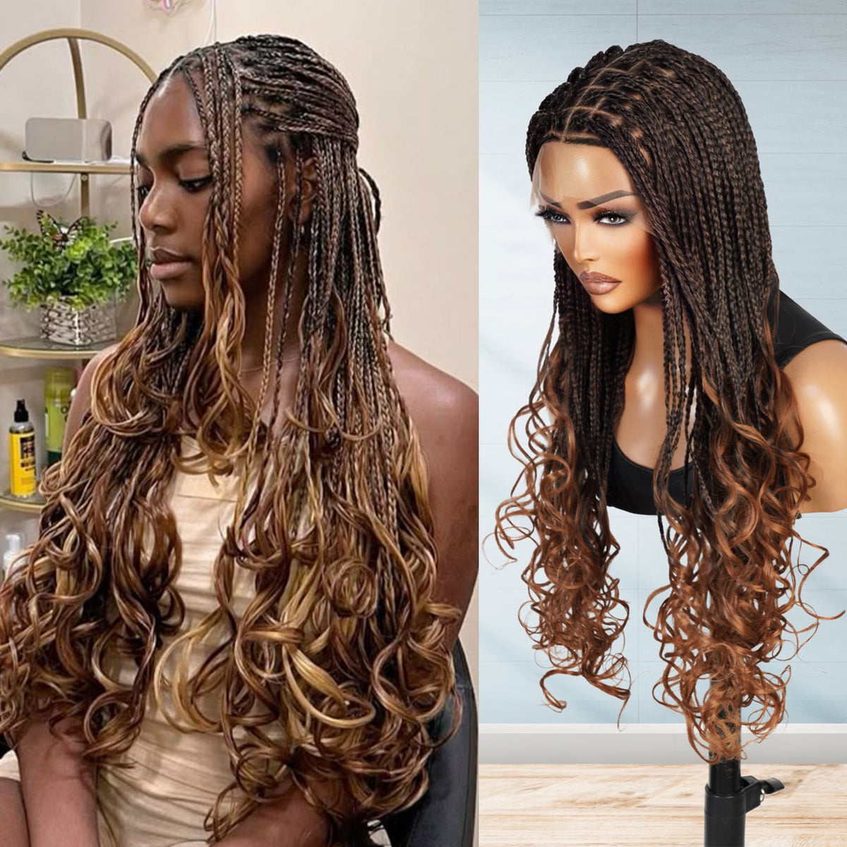 Authentic Glueless Full Lace Braided Wig Small Knotless Goddess Box Braids French curl Curly Tips 1B/30 28" BW Unit8