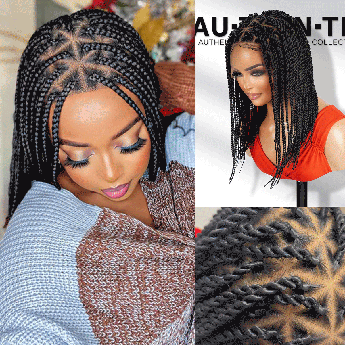 Authentic Glueless Full Lace Braided Wig Medium Knotless Senegalese Twist Triangle Parts 1B 14" BW Unit18