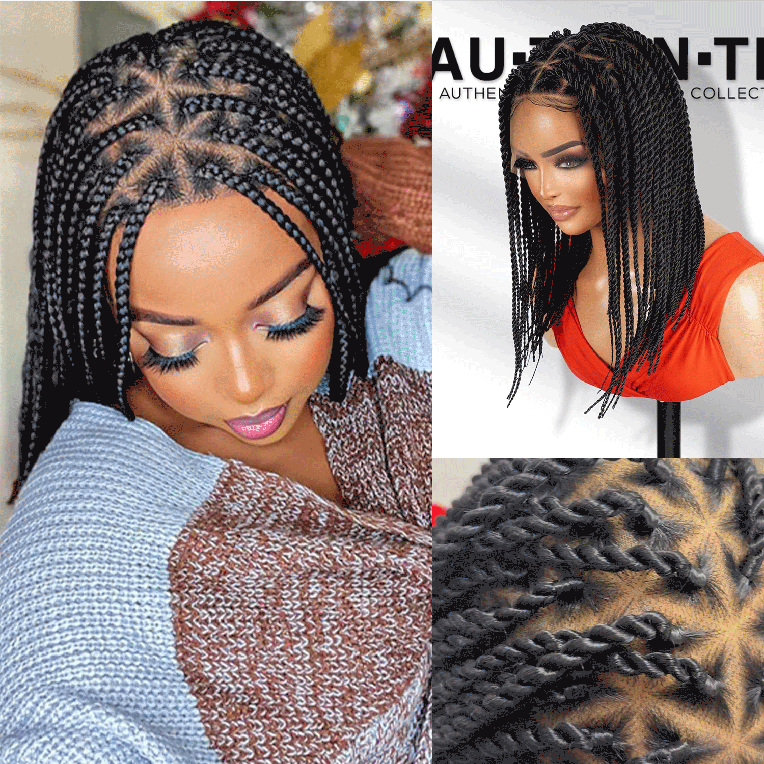 Authentic Glueless Full Lace Braided Wig Medium Knotless Senegalese Twist Triangle Parts 1B 14" BW Unit18