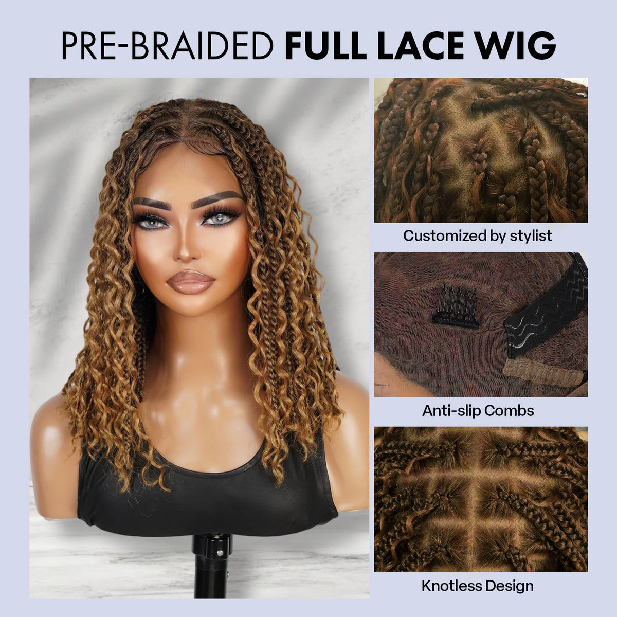 Authentic Glueless Full Lace Braided Wig Medium Knotless Boho Box Braid Deep Bulk Bob 1B/27 12" BW Unit5