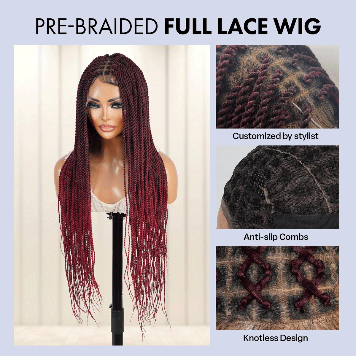 Authentic Glueless Full Lace Braided Wig Medium Knotless Senegalese Twist 1B/BUG 26" BW Unit2