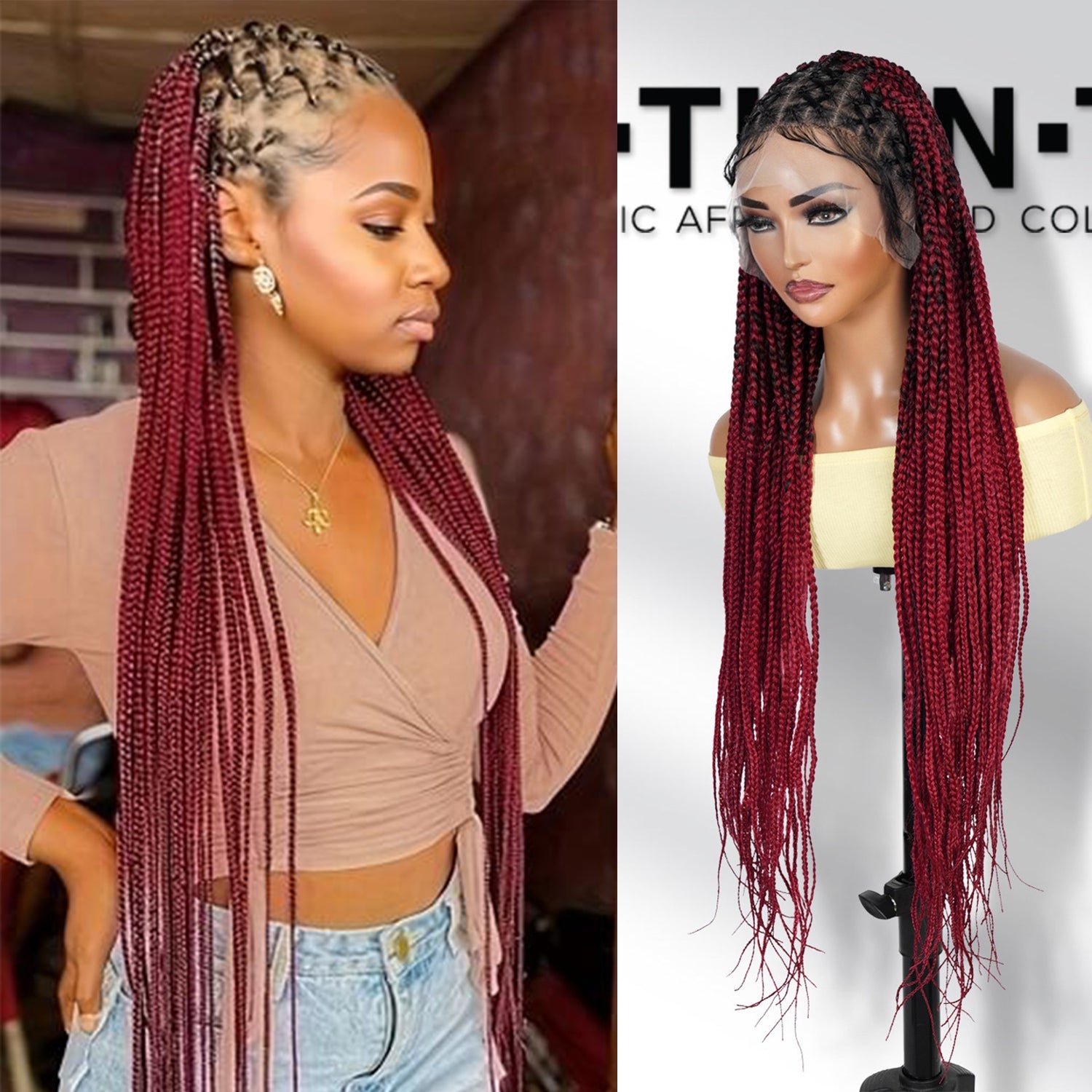 Authentic Glueless Full Lace Braided Wig Large Crisscross Frontal Knotless Box Braid 1B/BUG 36" BW Unit1