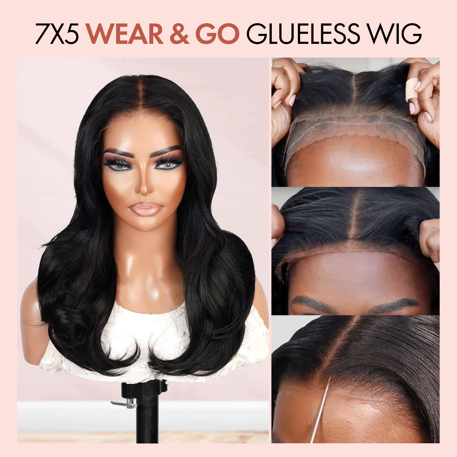 100% Human Hair Wear and Go Pre Cut Pre Plucked Glueless 7x5 Closure Wig Layered Blow Out with Curtain Bangs Natural 16"