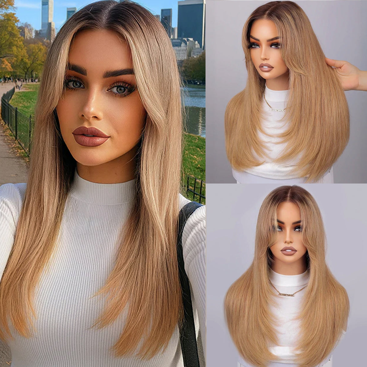 100% Human Hair Wear and Go Pre Cut Pre Plucked Glueless 7x5 Closure Wig Layered Blow Out with Curtain Bangs T4/27 Ombre Light Brown Honey 18"