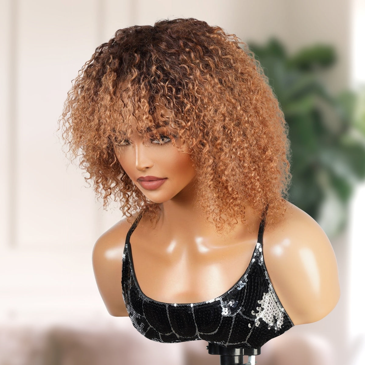 UpScale 100% Human Hair Bohemian Curls Wigs with Bang T4/30 Bob 10"