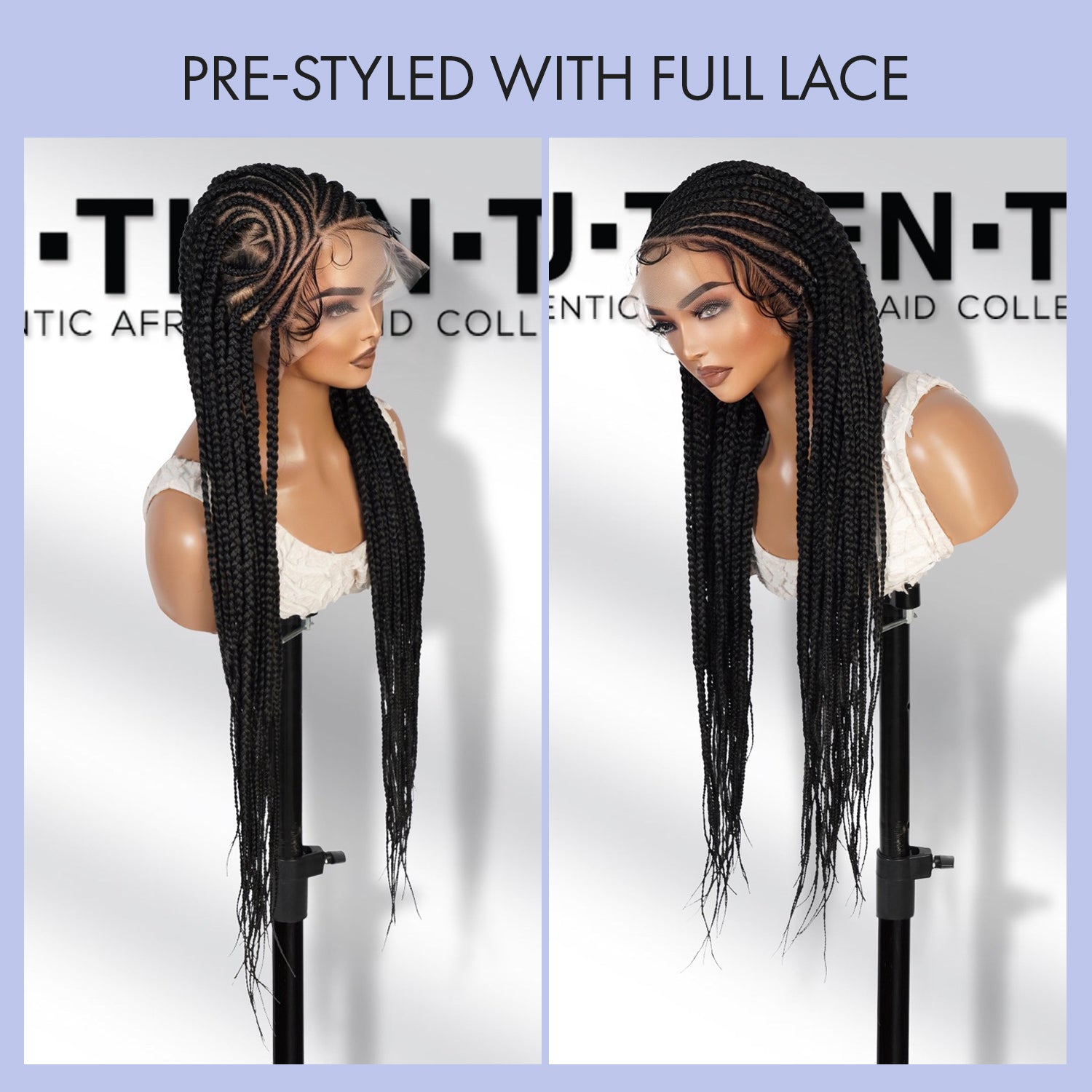 Authentic Glueless Full Lace Braided Wig Large Side Part Feed-In Braids Heart Design 1B 36" BW Unit12