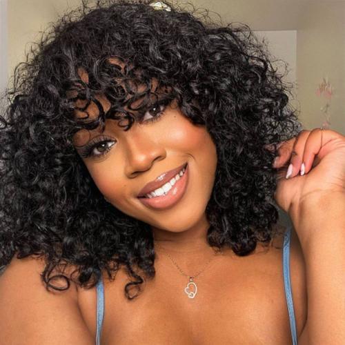 UpScale 100% Human Hair Wear and Go Short Curly Bob with Bang 16"