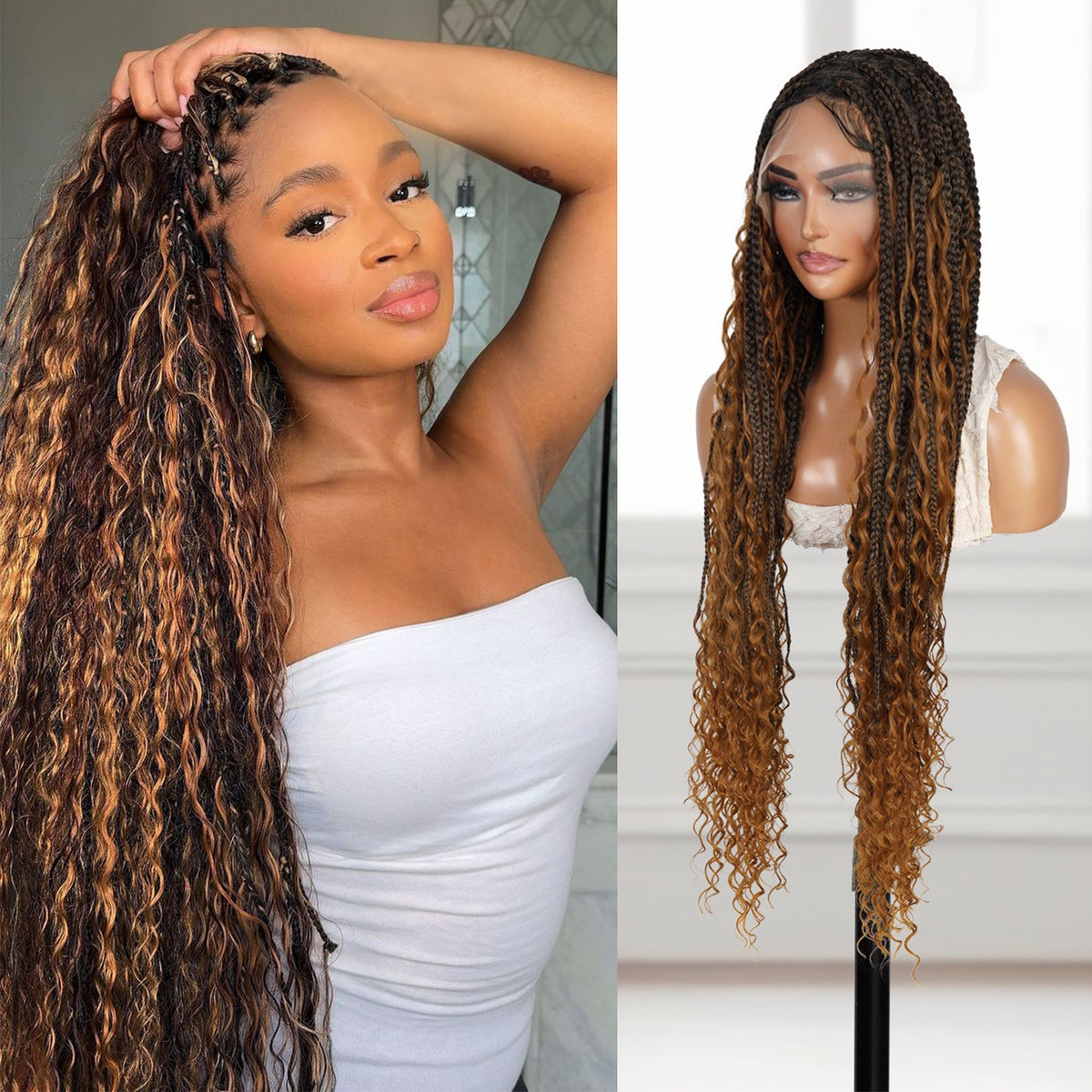 Authentic Glueless Full Lace Braided Wig Medium Knotless Boho Box Braid Deep Bulk 1B/27 36" BW Unit11
