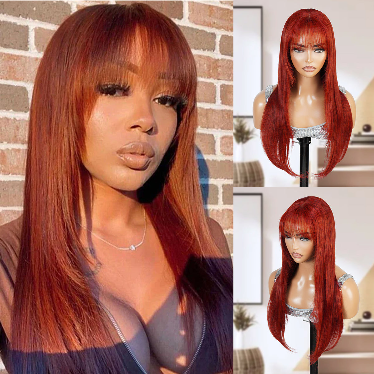100% Human Hair Wear and Go Pre Cut Pre Plucked Glueless 4x4 Closure Wig Straight with Bang #33 22"