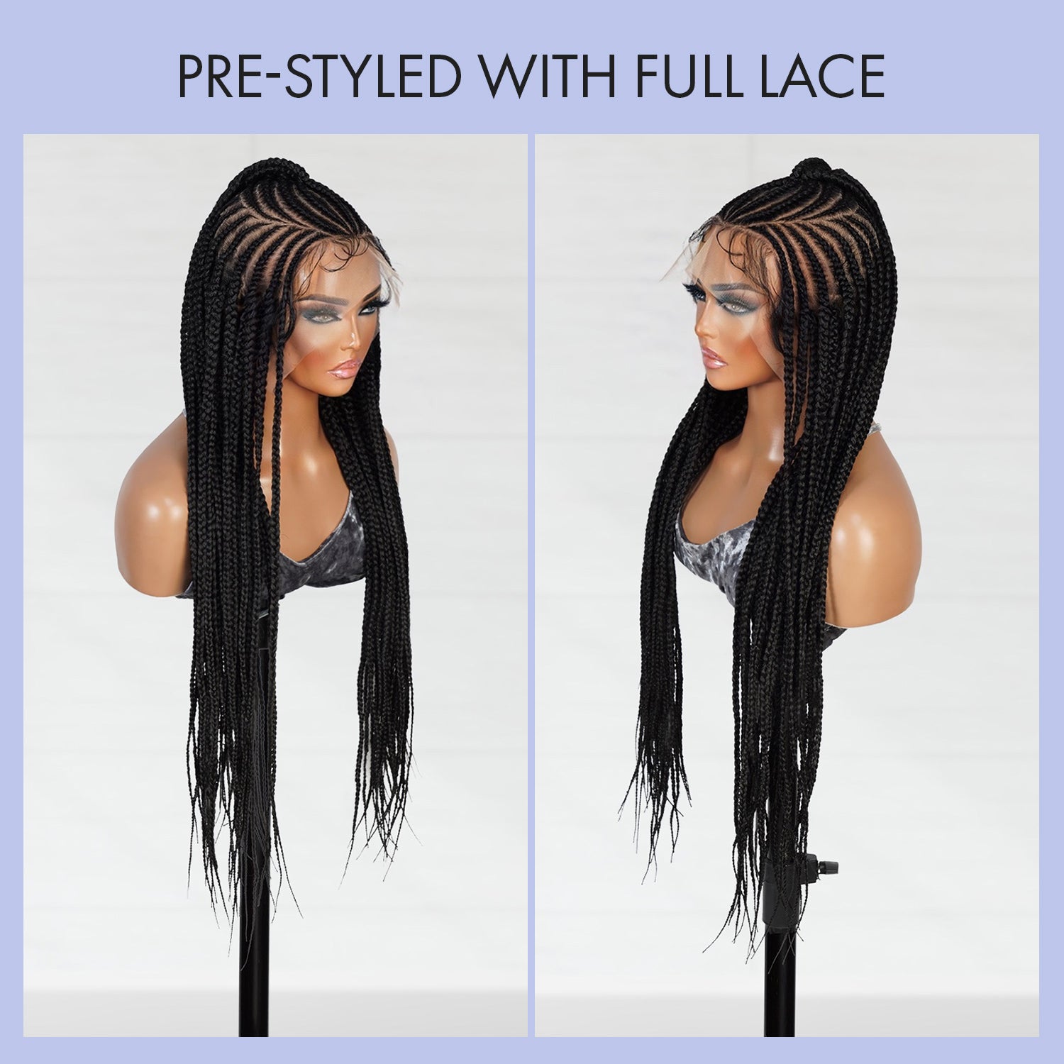 Authentic Glueless Full Lace Braided Wig Medium Half Up Fulani Crisscross Design Feed-In Braids 36" 1B BW Unit13