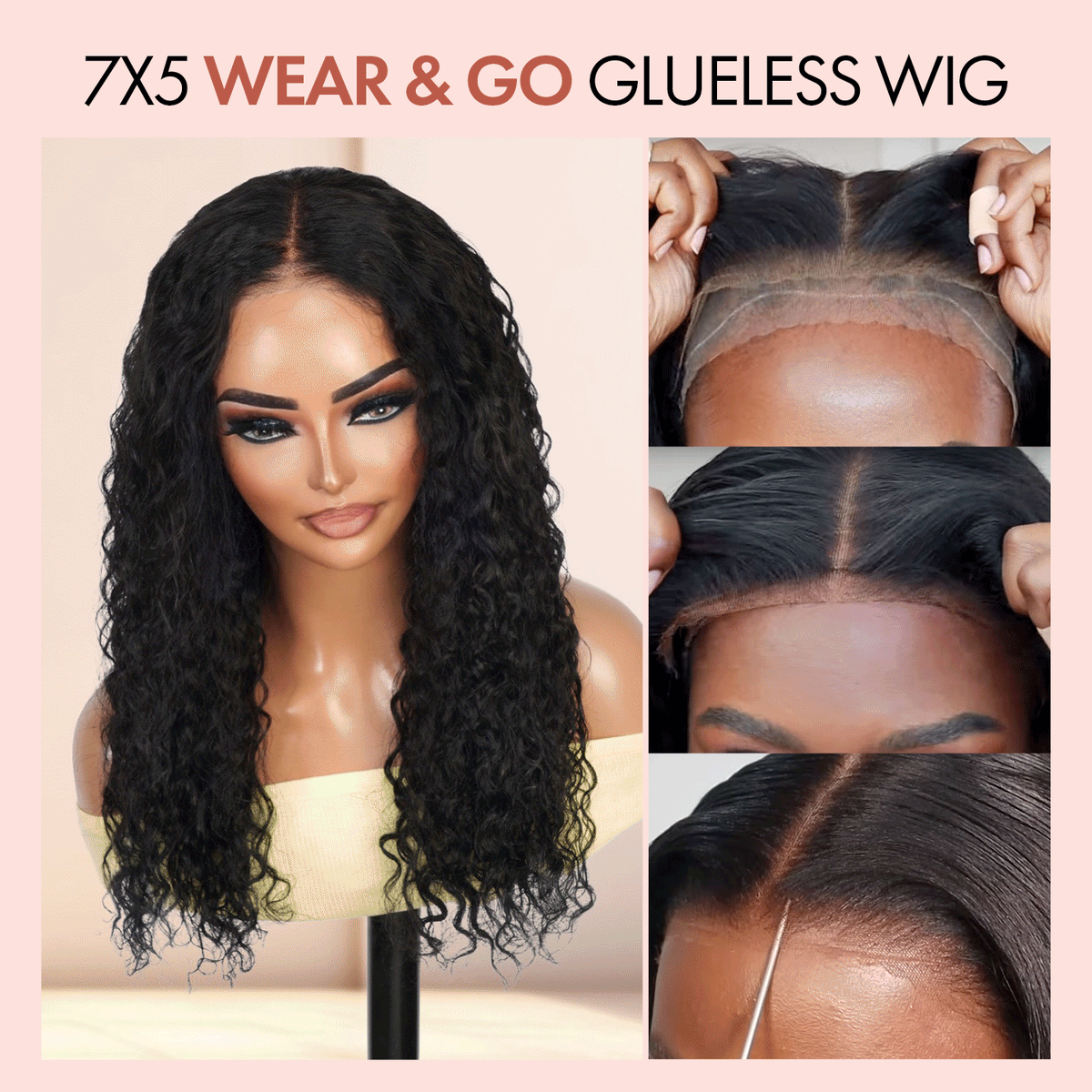 100% Human Hair Wear and Go Pre Cut Pre Plucked Glueless 7x5 Closure Wig Water Wave Natural 20"