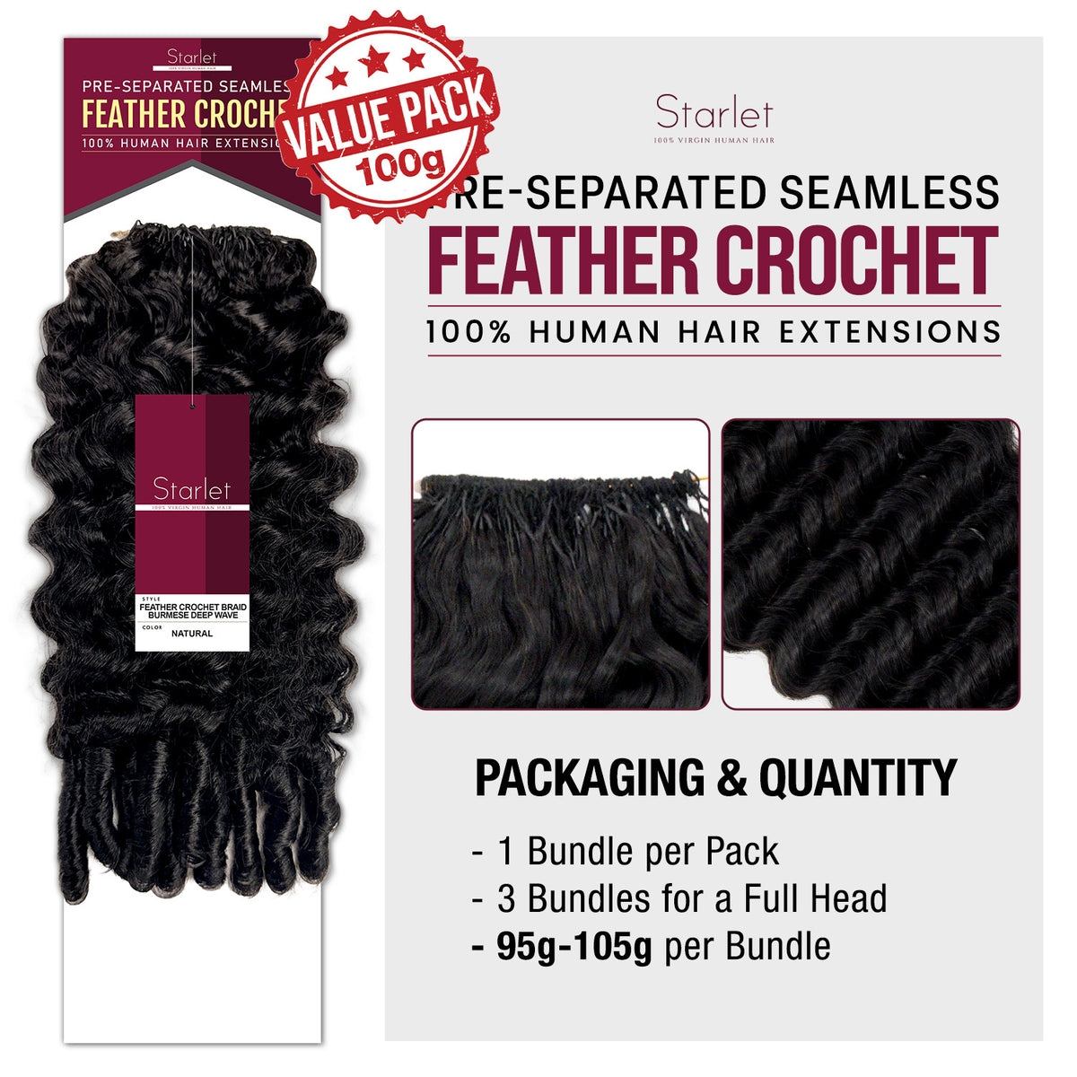 100g VALUE PACK Starlet 100% Human hair Miracle Knots Feather Crochet Braid Burmese Curl 16"