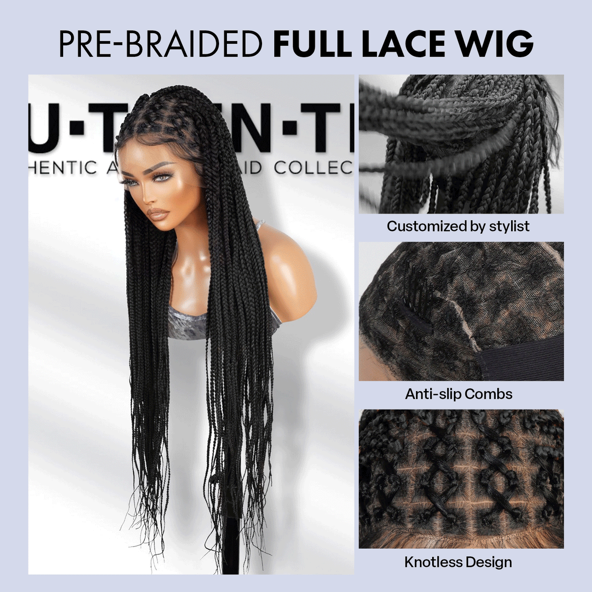 Authentic Glueless Full Lace Braided Wig Large Crisscross Frontal Knotless Box Braid 1B 36" BW Unit1