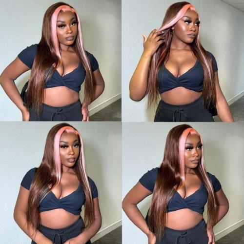 UpScale 100% Human Hair Glueless Pre Plucked 13x6 Lace Frontal Wig Pink Brown Highlight Straight 20"