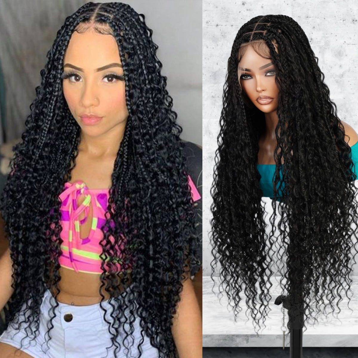 Authentic Glueless Full Lace Braided Wig Medium Knotless Boho Box Braid Deep Twist 1B 32" BW Unit3