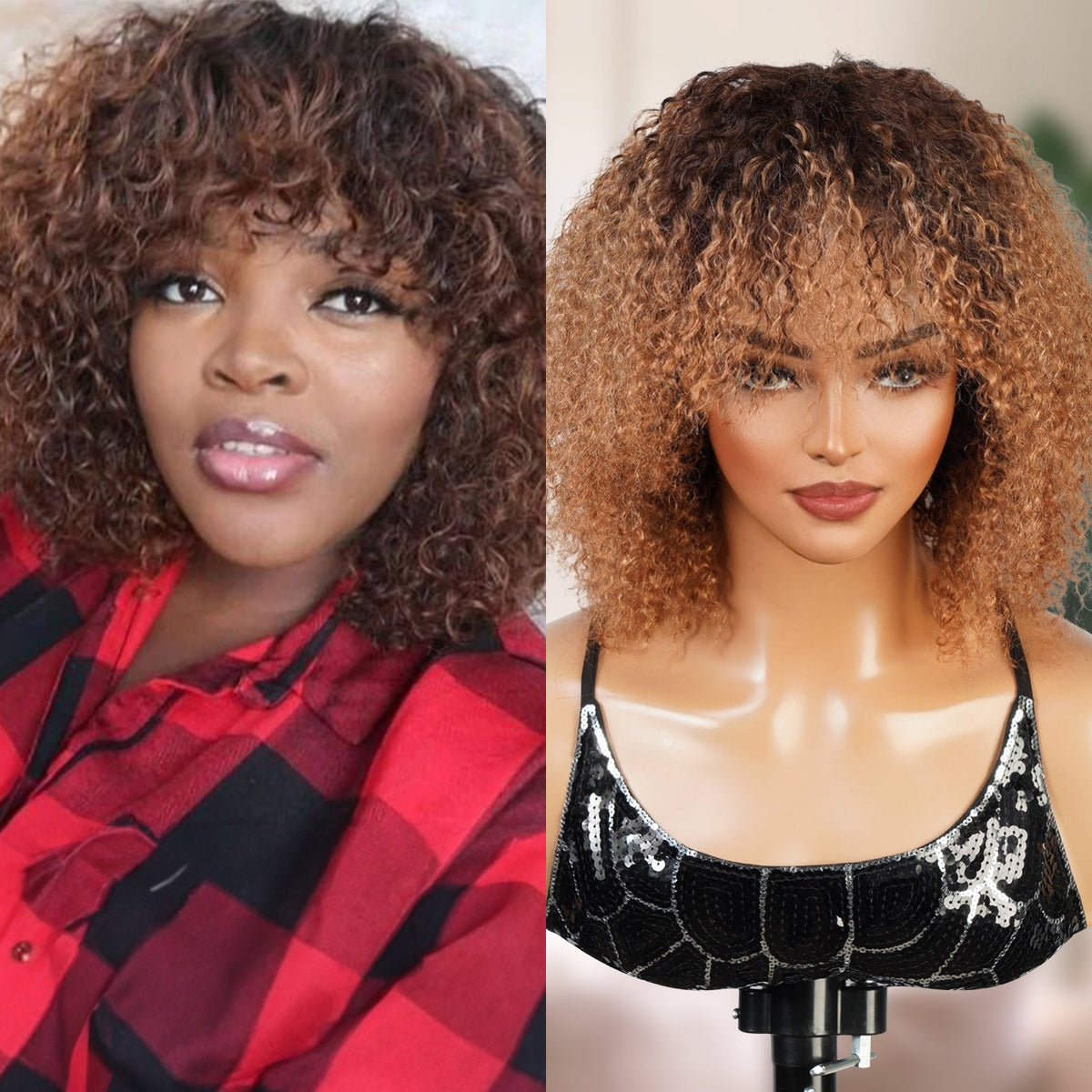 UpScale 100% Human Hair Bohemian Curls Wigs with Bang T4/30 Bob 10"