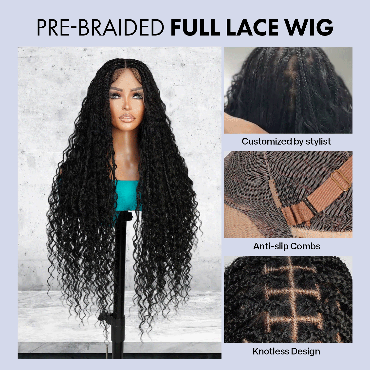 Authentic Glueless Full Lace Braided Wig Medium Knotless Boho Box Braid Deep Twist 1B 32" BW Unit3