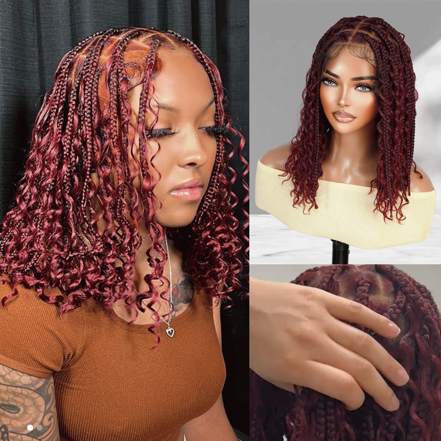 Short Boho Braided Wig Full Lace Human Hair Blended Knotless Box Braid Short Boho Braided Wigs, 12 inch 360° Full Single-layer HD  main image 2