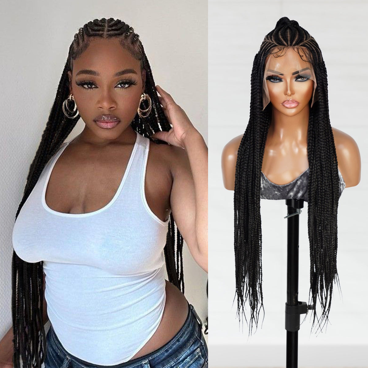 Authentic Glueless Full Lace Braided Wig Medium Half Up Fulani Crisscross Design Feed-In Braids 36" 1B BW Unit13