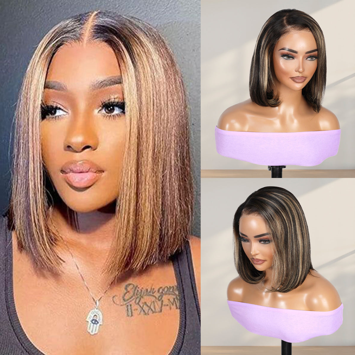 100% Human Hair Wear and Go Pre Cut Pre Plucked Glueless 7x5 Closure Wig Straight Bob Balayage Highlight 12"