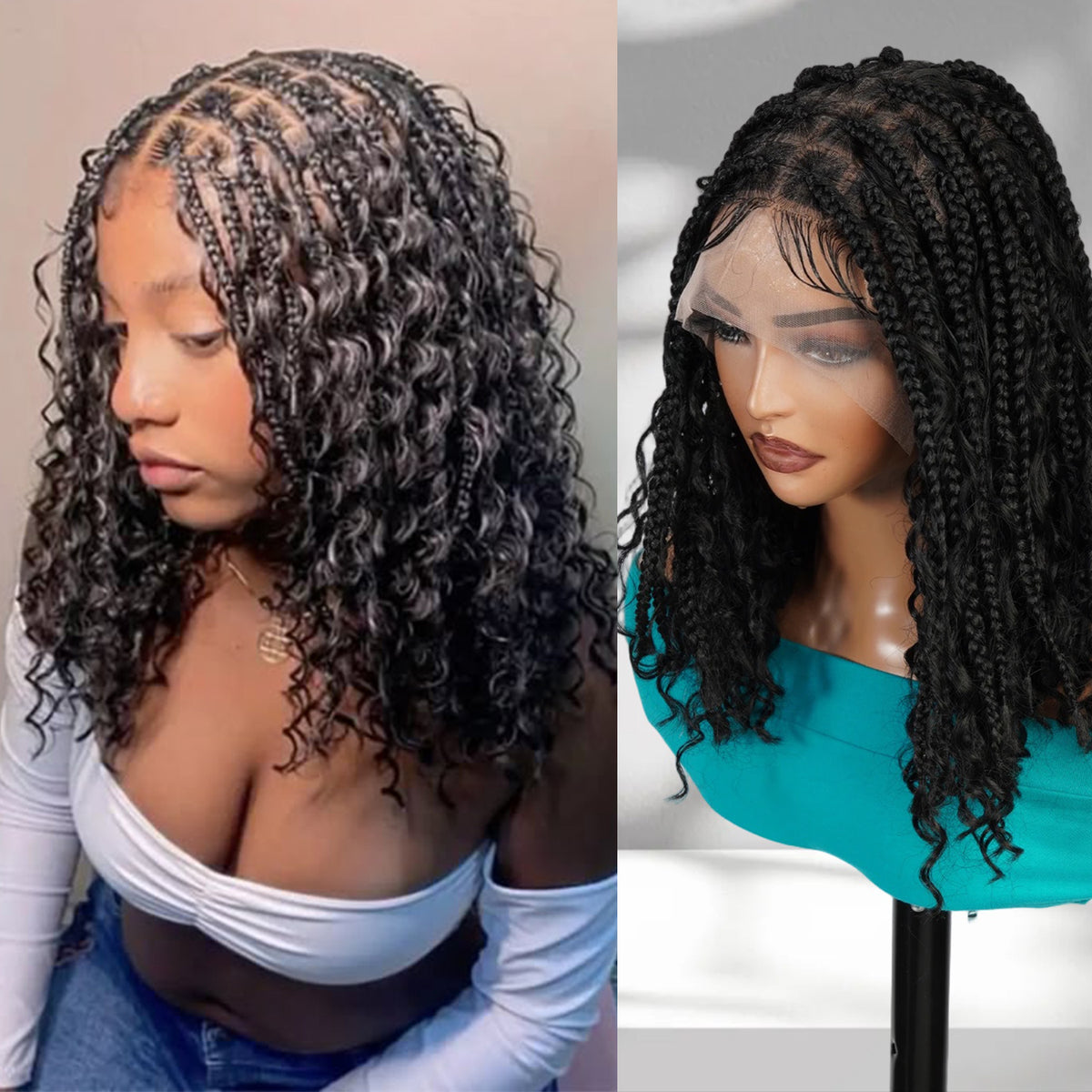 Authentic Glueless Full Lace Braided Wig Medium Knotless Boho Box Braid Spiral Curl Bob 1B 12" BW Unit9